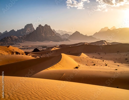 Fototapeta Naklejka Na Ścianę i Meble -  Desert landscape with sand dunes and distant mountains under a bright sky