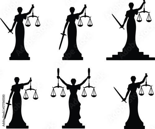 Lady Justice silhouette icons, law and order symbols, legal balance scales, sword of justice, fairness equality authority, court judgment illustration