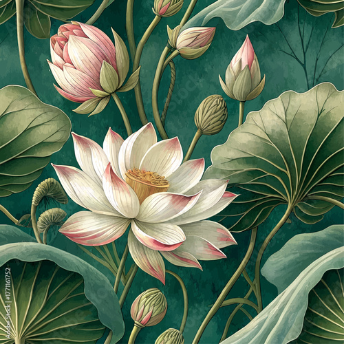 Lotus flower pattern with green leaves, seamless, high resolution, Thai silk background, designed for printing on fabric or wallpaper.