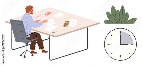 Man seated, organizing papers at a desk with books, clock, and plant. Ideal for productivity, time management, work-life balance, focus, office work deadlines simple flat metaphor