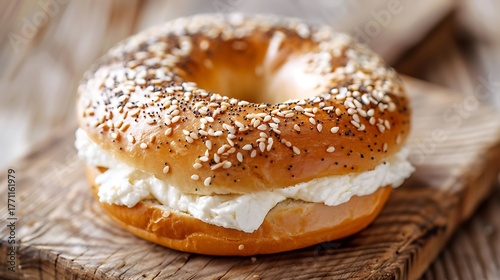 A close up shot of a bagel with cream cheese on a wooden board with sesame and poppy seed toppings