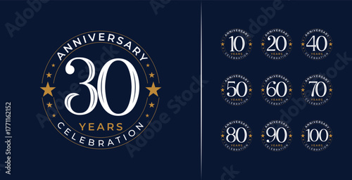 Luxury classic birthday number logo design. Anniversary symbol with star icon and emblem concept. 10, 20, 30, 40, 50, 60, 70, 80, 90, 100, elegant years vector template