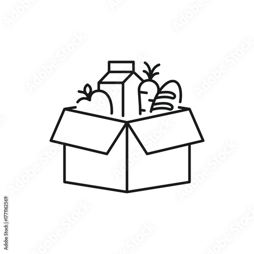 Food donations linear icon, pantry, food bank meal charity line collection logo Box. humanitarian volunteer activity. Editable stroke vector illustration design on white background EPS 10