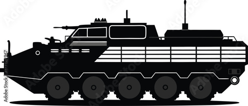 Silhouette of an armored military vehicle with six wheels, angular design, and antennas, conveying strength and mobility on a white background.