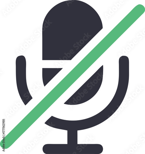 Icon of a black microphone with a green diagonal slash across it, indicating the mute function. Set against a white background.