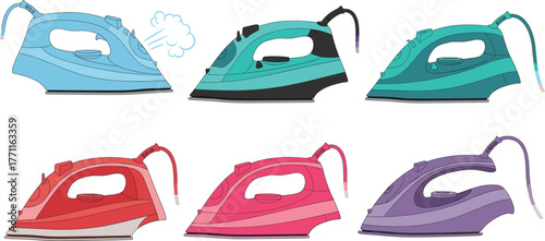 Set of colorful electric steam irons, modern household appliances illustration, vector design of ironing tools in multiple colors, realistic home equipment concept