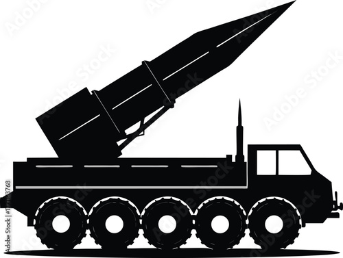 Silhouette of a military missile launcher on a wheeled vehicle, angled upward, set against a plain white background. It conveys a sense of power.