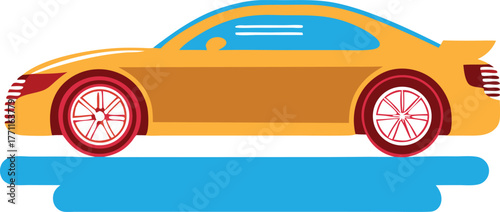 Illustration of a sleek, orange sports car with red wheels on a light blue road. The design is minimalist and modern on a white background.