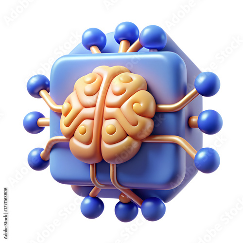 3D Brain Model Surrounded by Blue and Orange Molecular Connections