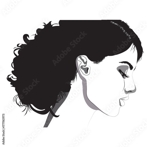 A minimalist black and white vector illustration of a woman in profile, featuring soft facial details, closed eyes, long eyelashes, and wavy hair tied back elegantly.