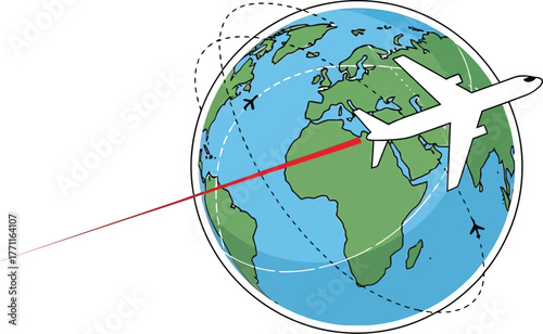 Airplane flying around the world globe with a red flight path illustration
