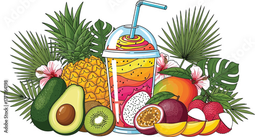 Tropical fruit smoothie illustration with pineapple avocado and exotic fruits