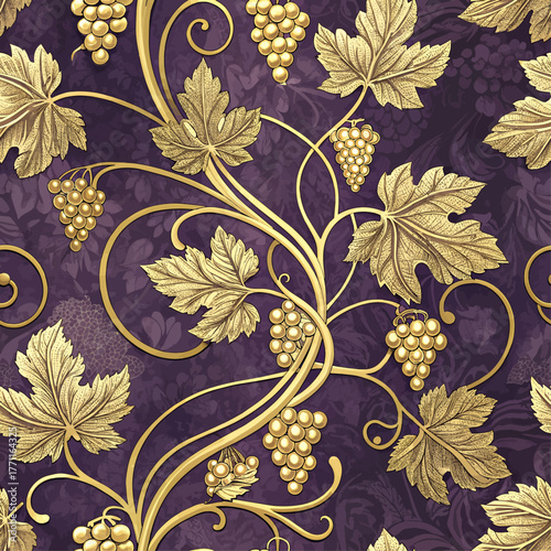Vector illustration of digital seamless pattern. Luxury golden vine pattern. 3D style. Abstract purple background. For print on fabric or wallpaper.