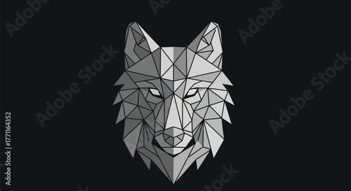 Geometric wolf head design in shades of gray against a dark background art
