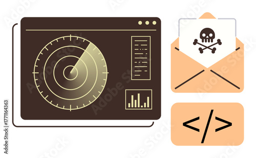 Radar screen tracking threats, malware alert in email, coding tag icon. Ideal for cybersecurity, hacking risk, threat detection, digital protection, IT security, online safety simple flat metaphor