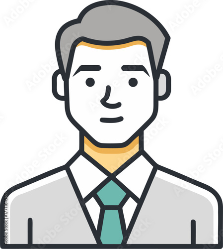 A minimalist vector illustration of a man with gray hair, wearing a suit and teal tie. The style is simple, with neutral expression and clean lines.