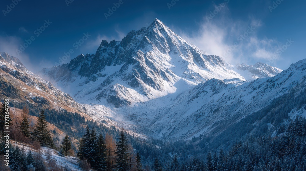 Fototapeta premium Majestic Snow-Capped Mountain Peak with Forest in Winter Landscape