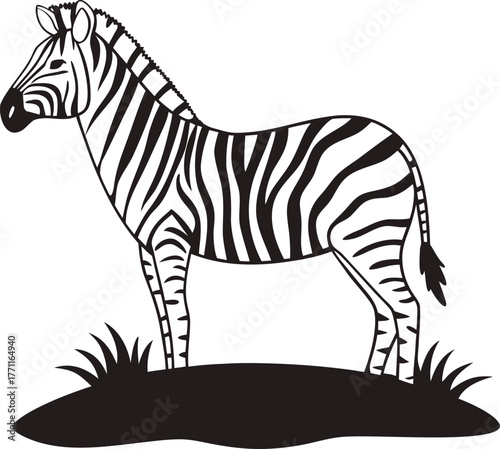 Illustration of a zebra standing on grassy ground. The zebra's black and white stripes are distinct against the white background, conveying simplicity.