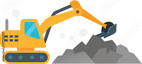 Illustration of a yellow excavator with a blue window, digging into a pile of gray rocks. The scene conveys construction and industrial work.