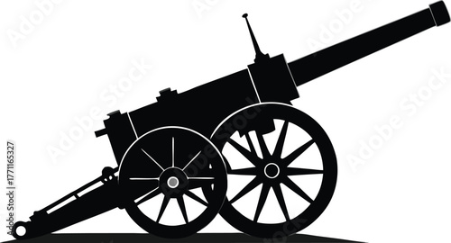 Silhouette of an old-fashioned cannon with large spoked wheels and a long barrel, set against a plain white background, conveying a historic military theme.