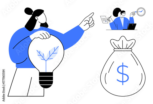Woman holding eco-friendly lightbulb, pointing ahead. Other elements include analyzing a clock and document, and a money bag detailing financial success. Ideal for sustainability, strategy, planning