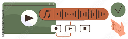 Media player window with play icon, soundwave design, and control buttons for play, pause, and stop. Ideal for music, entertainment, technology, apps streaming media consumption simple flat