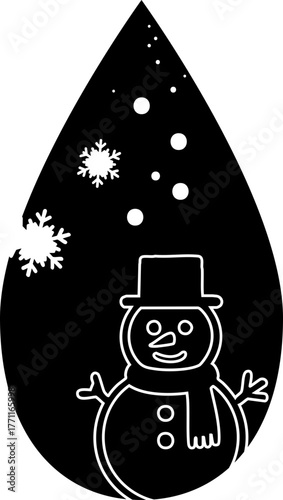 검은색 물방울 안의 눈사람 겨울풍경 아이콘