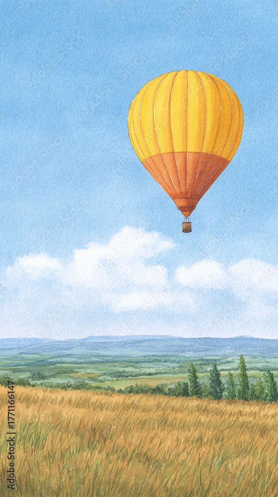 Obraz premium Soar High Above Fields: Experience the Freedom of Hot Air Ballooning Over Scenic Landscapes and Beautiful Horizon Views, Perfect for Adventure Seekers and Nature Lovers