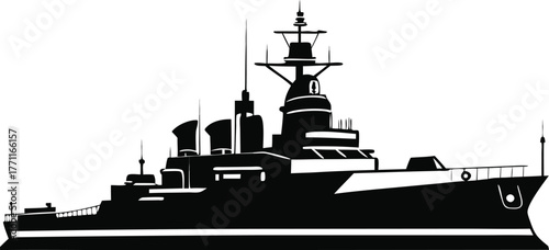 Photography Silhouette of a battleship features distinct structures like turrets, radar, and smokestacks