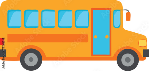 Illustration of a bright yellow school bus with blue windows and door, displayed on a white background, conveying a cheerful and friendly tone.