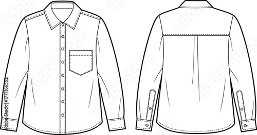 Long sleeve button down shirt flat fashion sketch, front and back technical drawing of classic men’s shirt with collar, cuff, and pocket details