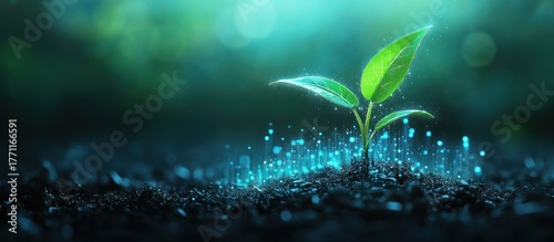 Glowing seedling sprouting from dark soil.