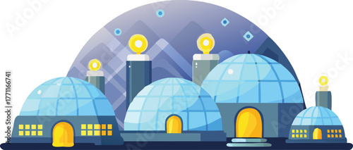 Illustration of a futuristic city with blue domed buildings and tall structures topped with glowing orbs. The scene suggests a high-tech, optimistic ambiance.