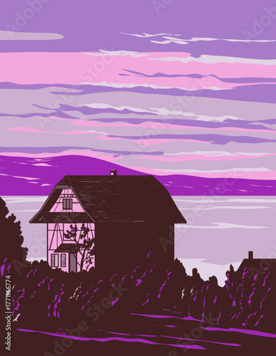 WPA poster art of a rural Swiss chalet in Lake Zug near Arth and the Cham-Zug bay in Schwyz District in canton of Schwyz situated in Switzerland done in works project administration or art deco style.