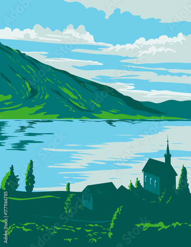 WPA poster art of Lake Zug near Arth and the Cham-Zug bay in Schwyz District in the canton of Schwyz situated in Central Switzerland done in works project administration or art deco style.