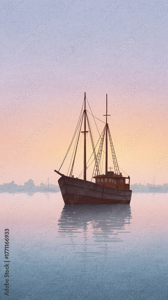 Naklejka premium Explore the Tranquil Beauty of a Sunset-Illuminated Fishing Boat Reflecting in Still Waters at Marina