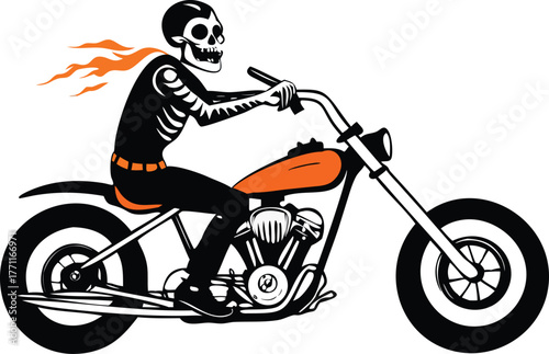 A skeleton in a helmet rides a motorcycle with an orange gas tank, flames trailing behind. The skeleton's posture suggests speed and excitement.