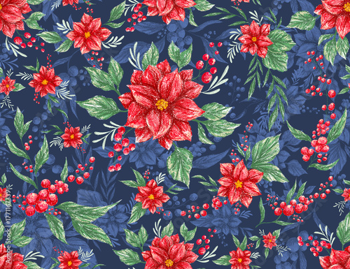 Hand Drawn Poinsettia Christmas Pattern | Botanical Red Flower and Berry Seamless Design for Holiday Season Blue Background
