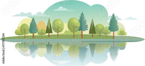 Illustration of serene landscape with various trees reflected on calm water. Soft pastel colors evoke tranquility and balance, with a clear sky above.