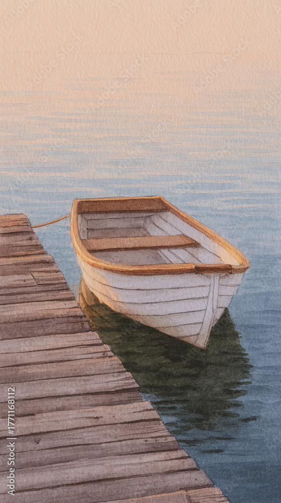 Obraz premium Explore the Tranquil Beauty of a Peaceful Dockside Scene with a Charming Boat at Sunset on Serene Waters