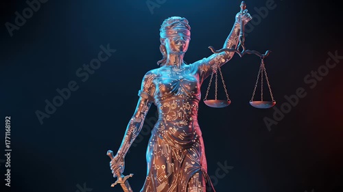 A stunning sculpture of Lady Justice, blindfolded, holding scales and a sword against a dramatic backdrop
