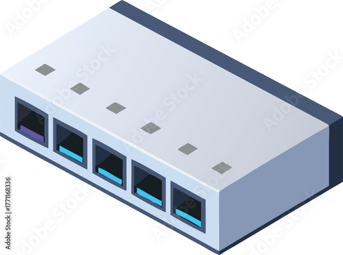 An isometric illustration of a white network switch with five Ethernet ports, each outlined in blue or purple. The device has a sleek, modern design.