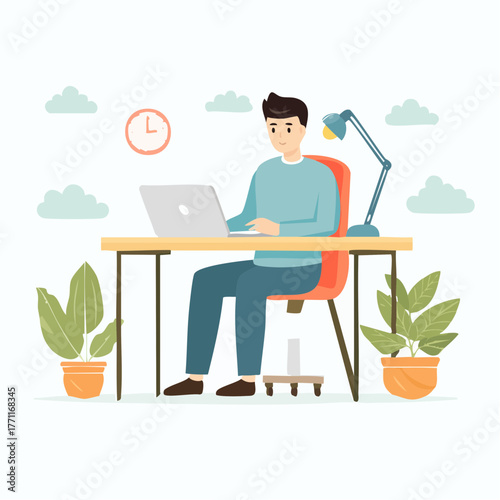 An illustration of a young man working on his laptop at a wooden desk with a lamp and potted plants, depicting a home office or remote work setup.