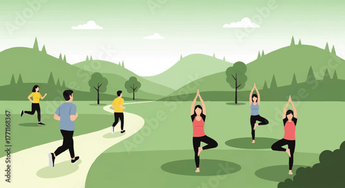 Group of people exercising and running in a serene green park with rolling hills