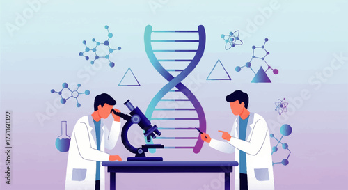 Illustration of two scientists examining a DNA sequence with a microscope in a laboratory setting with a purple and blue gradient background.