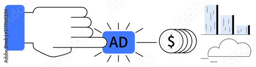 Hand pressing ad button generating coins, data bars, and cloud icon. Ideal for marketing, finance, advertising, business growth, data insights, web monetization simple flat metaphor