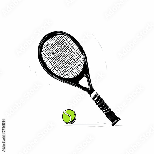 Black Tennis Racket with Strings and a Green Tennis Ball Illustration.