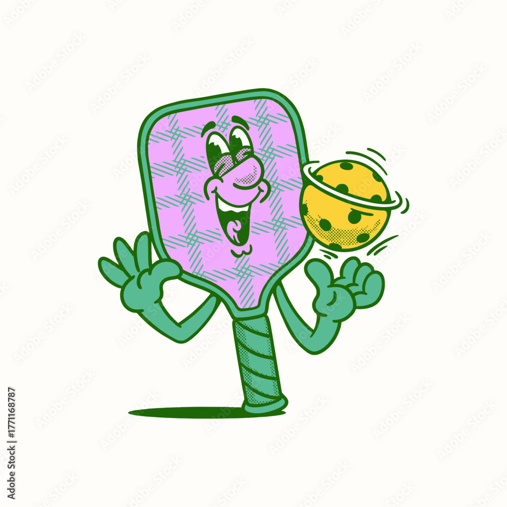 Fototapeta premium Groovy pickleball racket and ball character in retro cartoon. Mascot, vector, icon, collection, sticker, vintage, illustration, set, funny, logo, comic, editable, sport