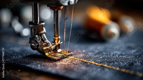 Close-up of Sewing Machine Stitching Denim Fabric with Golden Thread