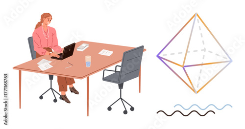 Woman focusing on laptop at desk with papers and drink, beside a colorful geometric shape and wavy lines. Ideal for creativity, focus, innovation, productivity, multitasking, technology, and abstract